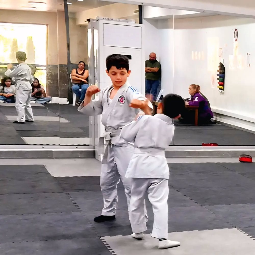 Two children drilling a technique on the mat